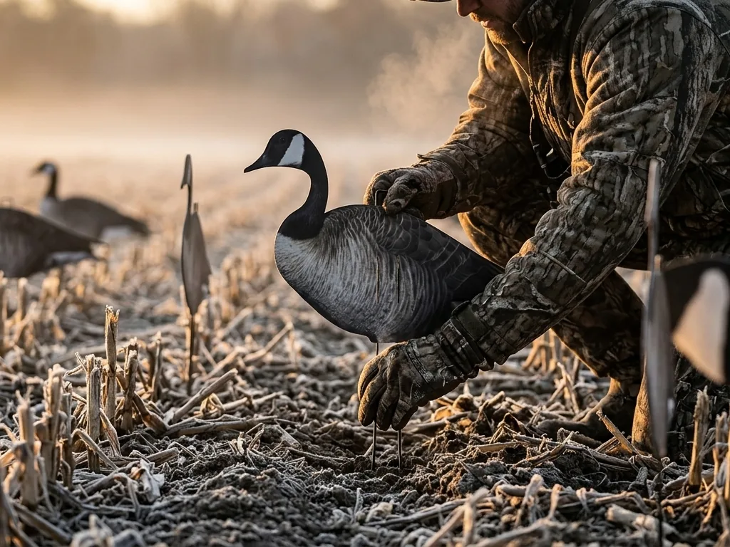 Canada goose silhouette decoys set in a harvested cornfield