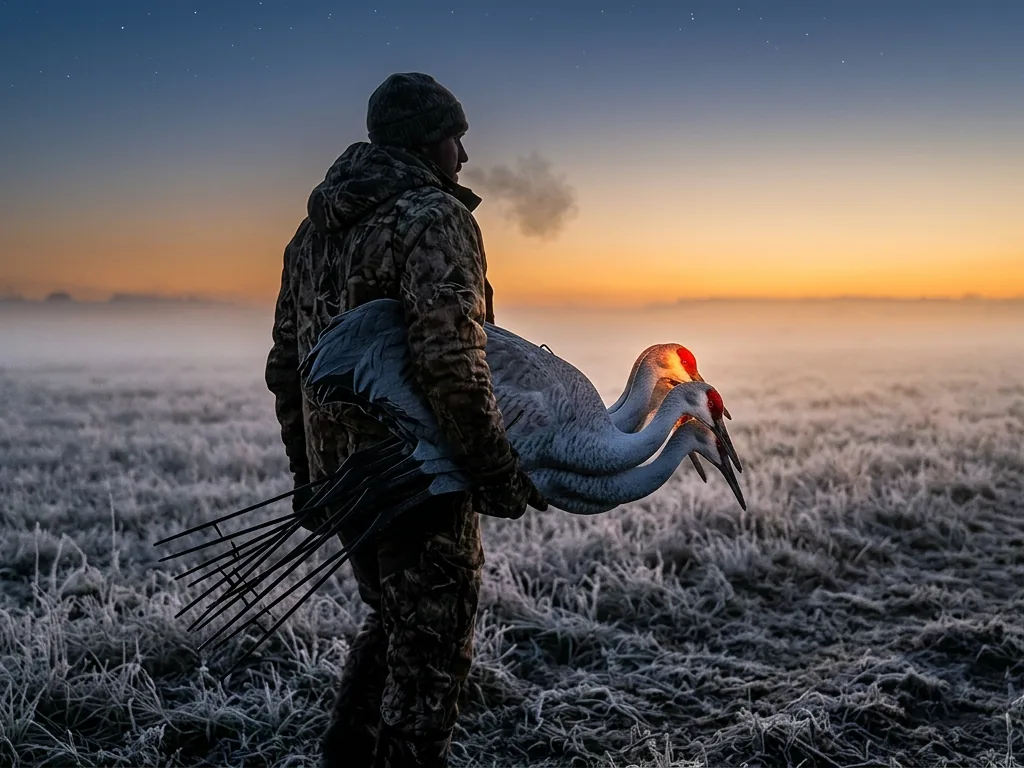 Carrying a tall crane decoy out to the spread at sunrise