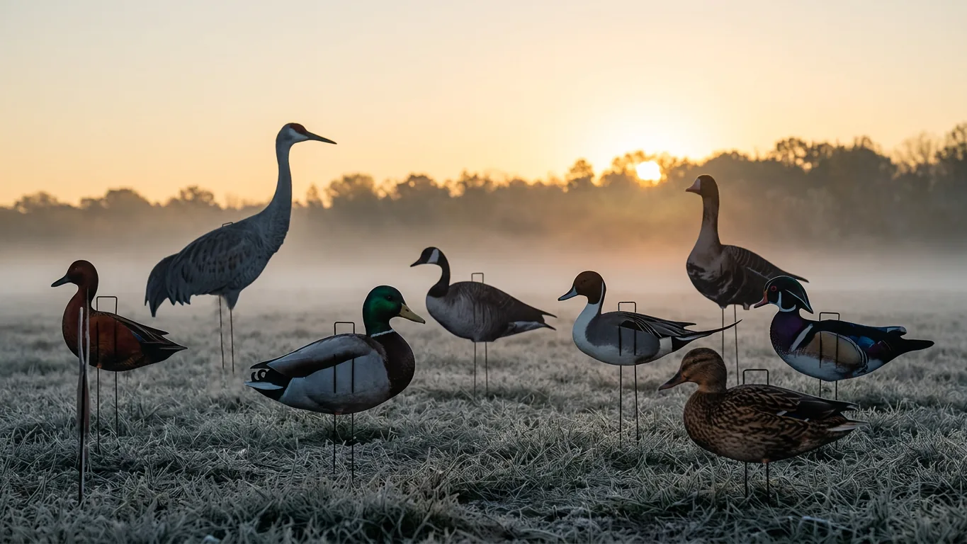 A mixed spread of Committed Waterfowl duck and crane decoys in a frosted field at sunrise