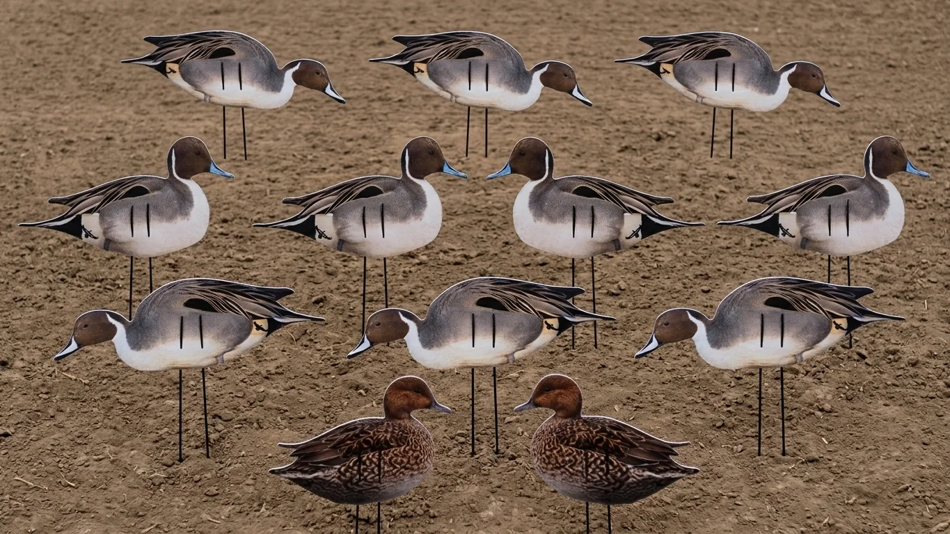 A large spread of Committed Waterfowl goose decoys in a frosted field at sunrise