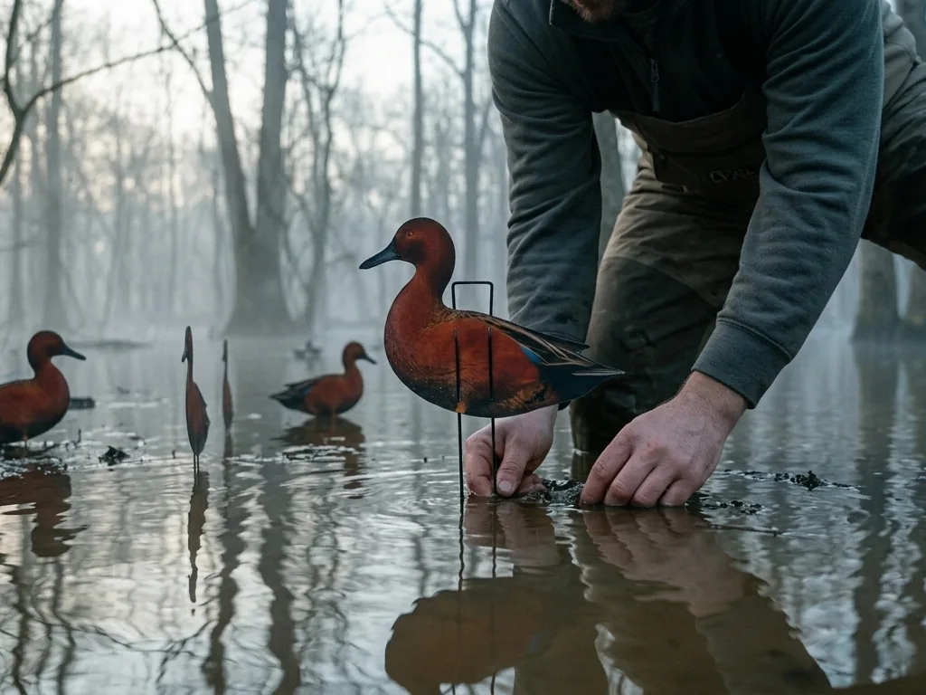 A hunter setting Committed Waterfowl duck decoys in flooded timber
